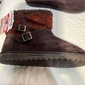 Muk Luks Brown Suede Ankle Booties with Knit Cuff